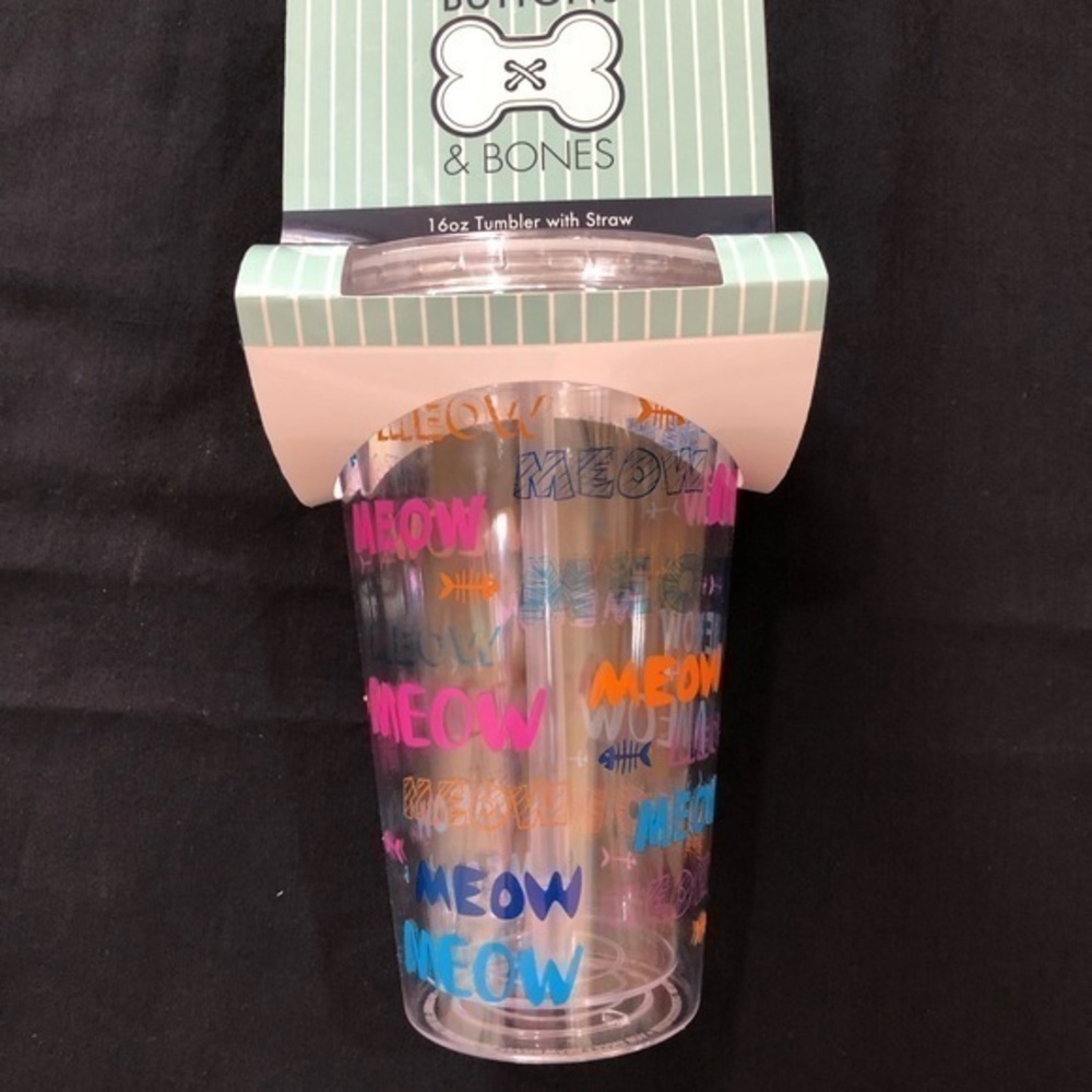 Buttons & Bones MEOW  Double Walled Insulated 16 Oz Tumbler with Lid & Straw NWT